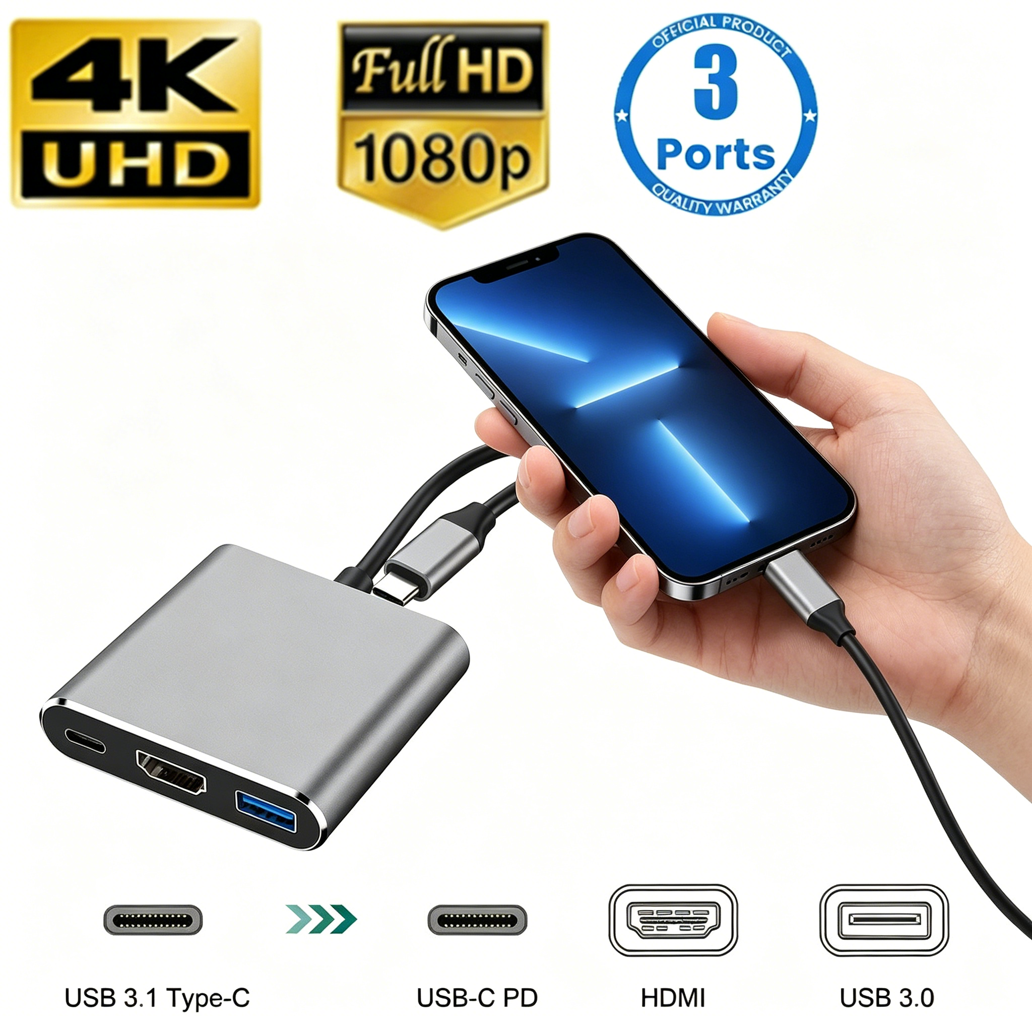 Hdmi Phone Adapter - USB C HUB 3-in-1 Multiports Adapter,